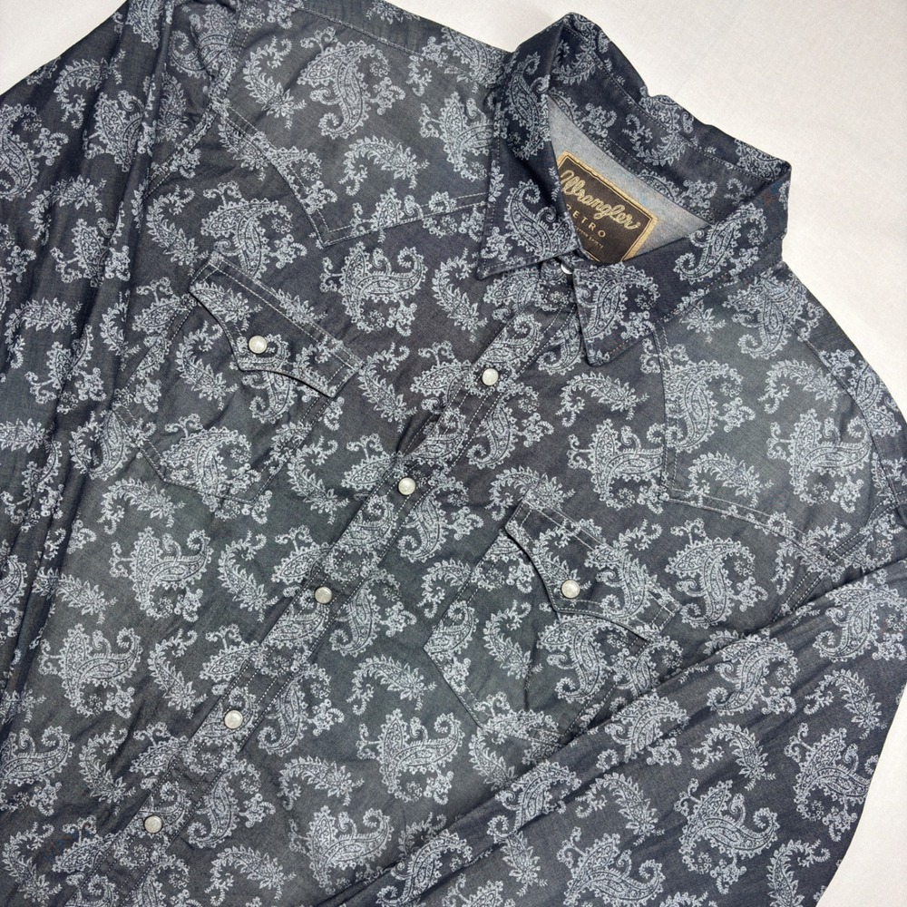 Wrangler Retro Mens XL Paisley Western Pearl Snap Shirt Gray Denim